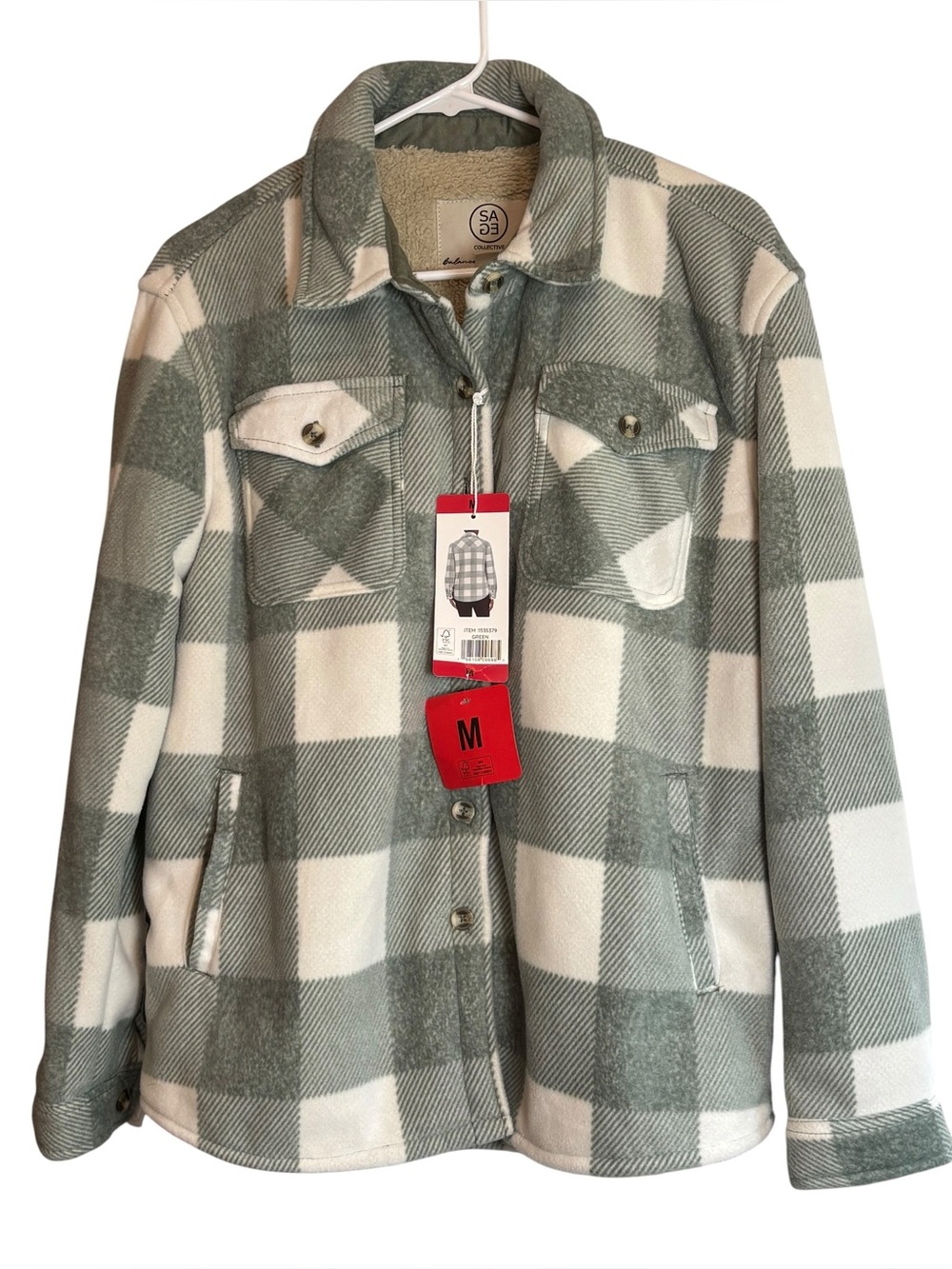 Sage Collective NWT Green Buffalo Plaid Sherpa Lined Shacket Size Medium